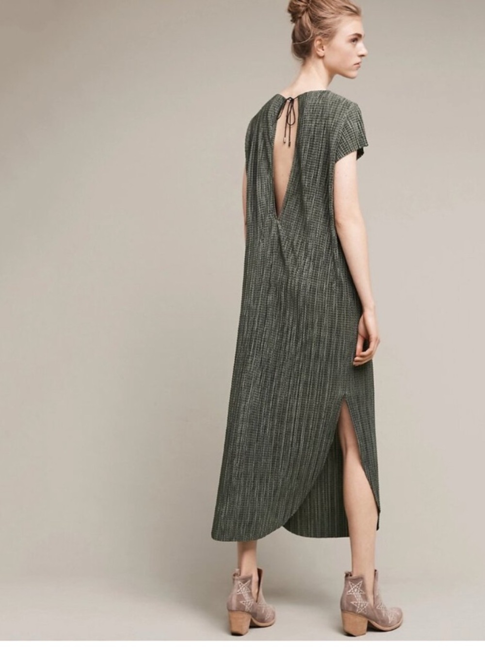 Sabina Musayev Anthropologie Green Crinkle Textured Open Back Midi Dress M